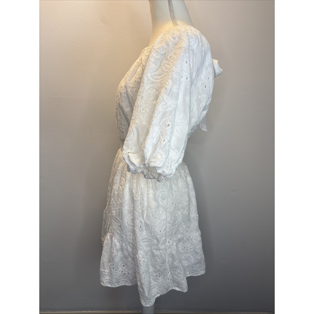 En Saison Womens Medium White Eyelet Puff-Sleeve Mini Dress Open Tie Back - Picture 2 of 9